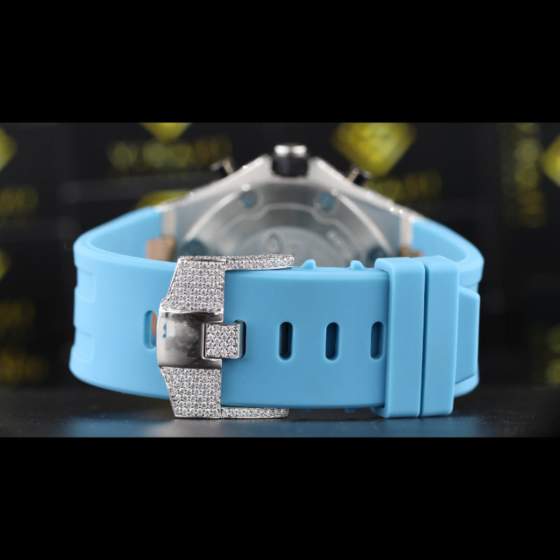 Moissanite Iced Out AP Style Chronograph Blue Rubber Starp Watch Back View