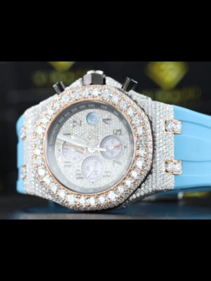 Moissanite Iced Out AP Style Chronograph Blue Rubber Starp Watch Close Up Dial View