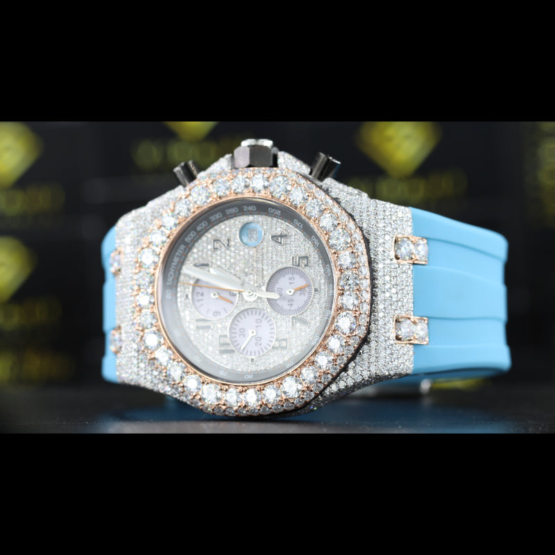 Moissanite Iced Out AP Style Chronograph Blue Rubber Starp Watch Close Up Dial View