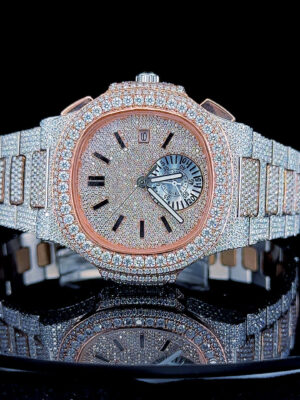 Patek Philippe Nautilus Subdial Stick Markers Pave Diamond Dial Rose Gold Two Tone Moissanite Watch