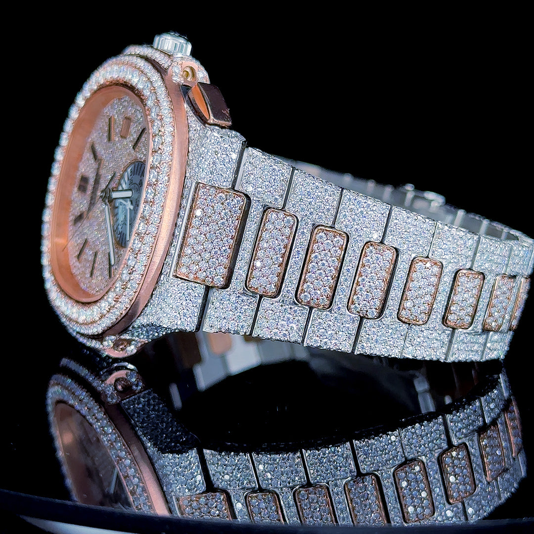 Patek Philippe Nautilus Chronograph Moissanite Diamond Watch Left Profile Close Up View