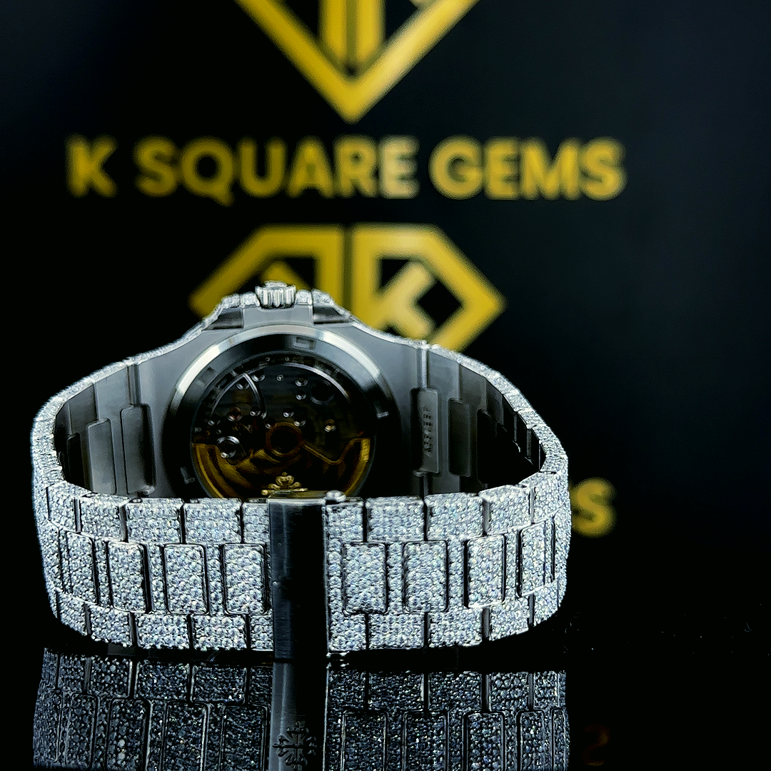 Patek Style Full Iced Out Moissanite Diamond Watch Back Side Bracelet View