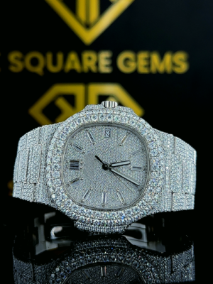 Patek Philippe Nautilus Stick Markers Pave Diamond Dial Fully Iced Out Moissanite Watch