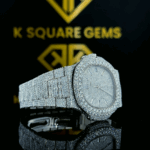 Patek Style Full Iced Out Moissanite Diamond Watch Right Side Dial View