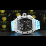 Richard Mille RM 011 Skeleton Chronograph Dial Sky Blue Rubber Strap Moissanite Watch