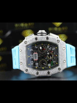 Richard Mille RM 011 Skeleton Chronograph Dial Sky Blue Rubber Strap Moissanite Watch
