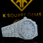 Right Side view of Royal Oak Fully Iced Out Moissanite Diamond Watch Blue Arabic Dial