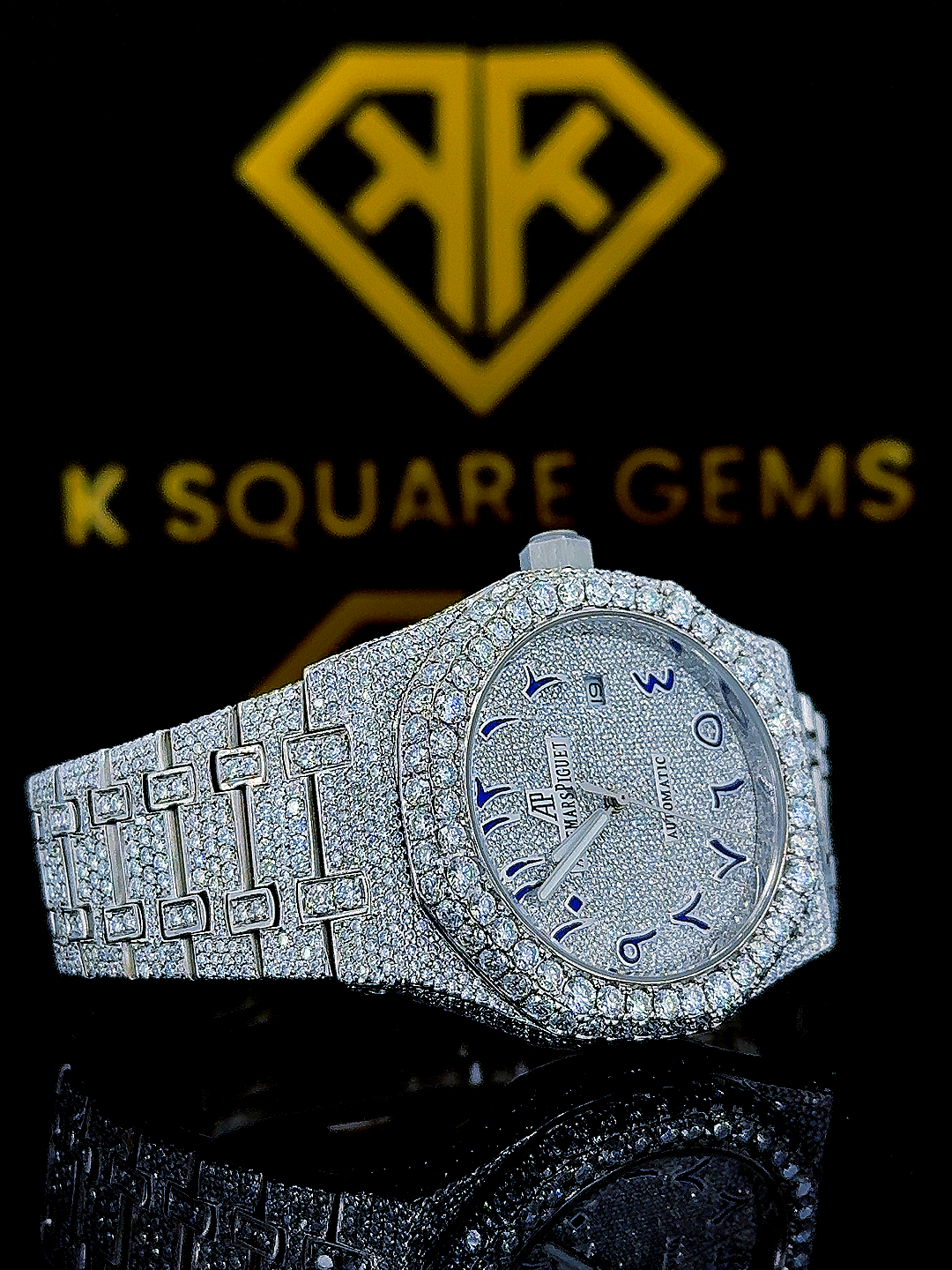 Right Side view of Royal Oak Fully Iced Out Moissanite Diamond Watch Blue Arabic Dial