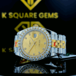 Close up front view of Rolex Datejust Two Tone Yellow Dial Moissanite Diamond Watch