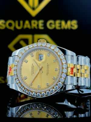 Rolex Datejust Champagne Dial Diamond Markers Two Tone Yellow Gold Moissanite Watch