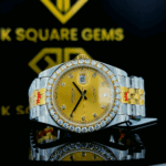 Front view of Rolex Datejust Two Tone Yellow Dial Moissanite Diamond Watch