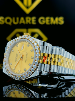 Left side view of Rolex Datejust Two Tone Yellow Dial Moissanite Diamond Watch
