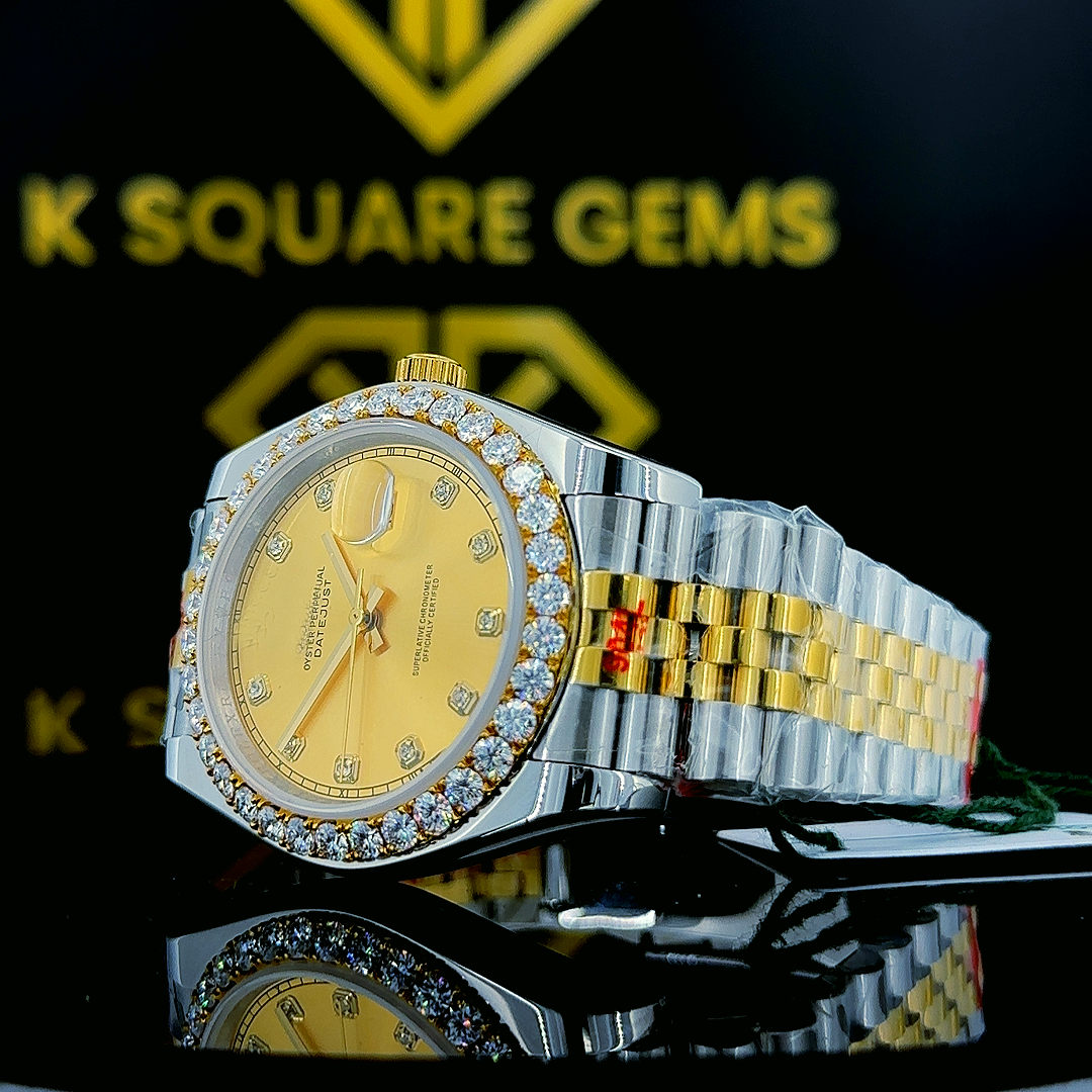 Left side view of Rolex Datejust Two Tone Yellow Dial Moissanite Diamond Watch