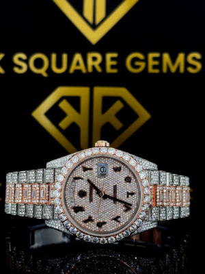 Rolex Day-Date Arabic Markers Full Diamond Dial Two Tone Rose Gold Moissanite Watch