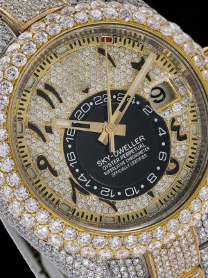 Rolex Sky Dweller Arabic Dial Moissanite Diamond Watch Front Bazel View