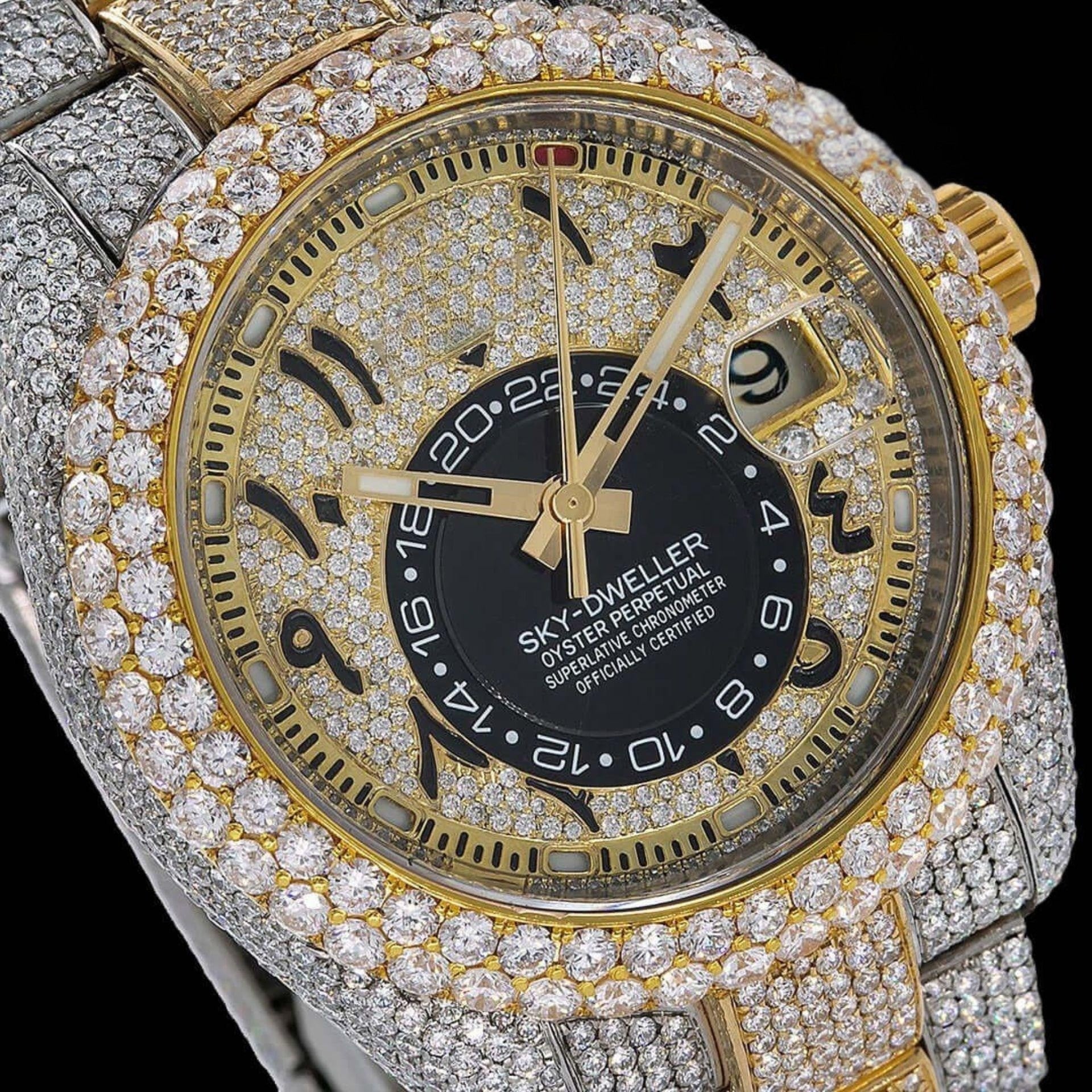 Rolex Sky Dweller Arabic Dial Moissanite Diamond Watch Front Bazel View