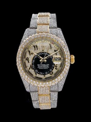 Rolex Sky Dweller Black Arabic Numerals Two Tone Yellow Gold Full Iced Out Moissanite Diamond Watch