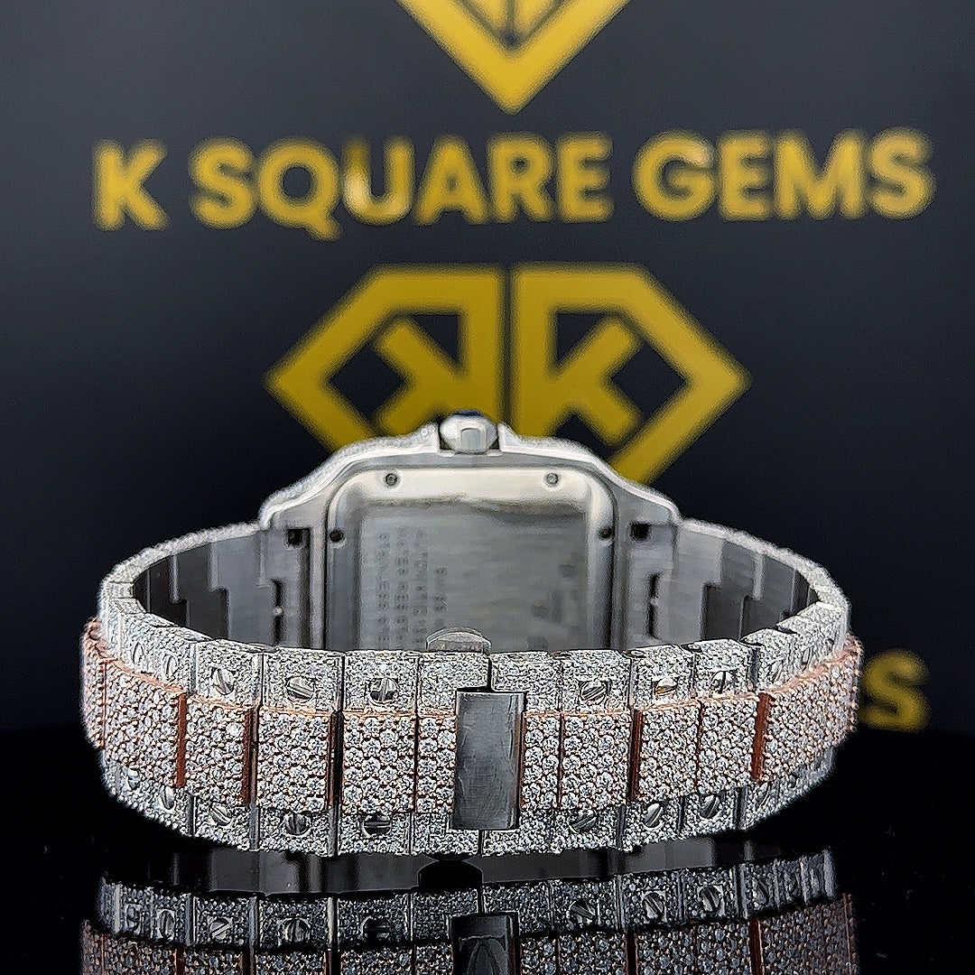 Roman Dial Cartier Santos Two Tone Moissanite Diamond Watch – back view with iced-out bracelet and rose gold accents