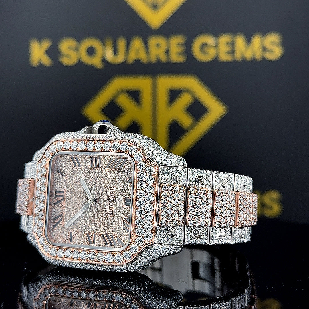 Roman Dial Cartier Santos Two Tone Moissanite Diamond Watch Close up Side View Dial