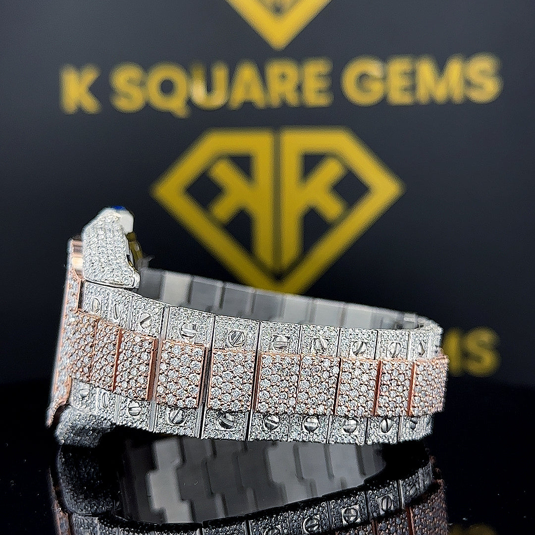 Roman Dial Cartier Santos Two Tone Moissanite Diamond Watch Close-Up View of Diamond-Studded Bracelet Links and Side Profile