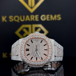 Close up front view of Rose Gold Two Tone Patek Moissanite Diamond Watch