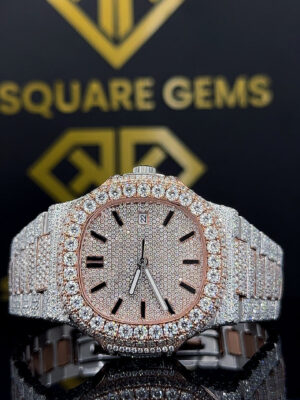 Patek Philippe Nautilus Stick Markers Pave Diamond Dial Two Tone Fully Iced Out Moissanite Watch
