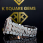 Close up strap view of Rose Gold Two Tone Patek Moissanite Diamond Watch
