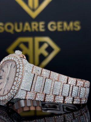 Left side view of Rose Gold Two Tone Patek Moissanite Diamond Watch