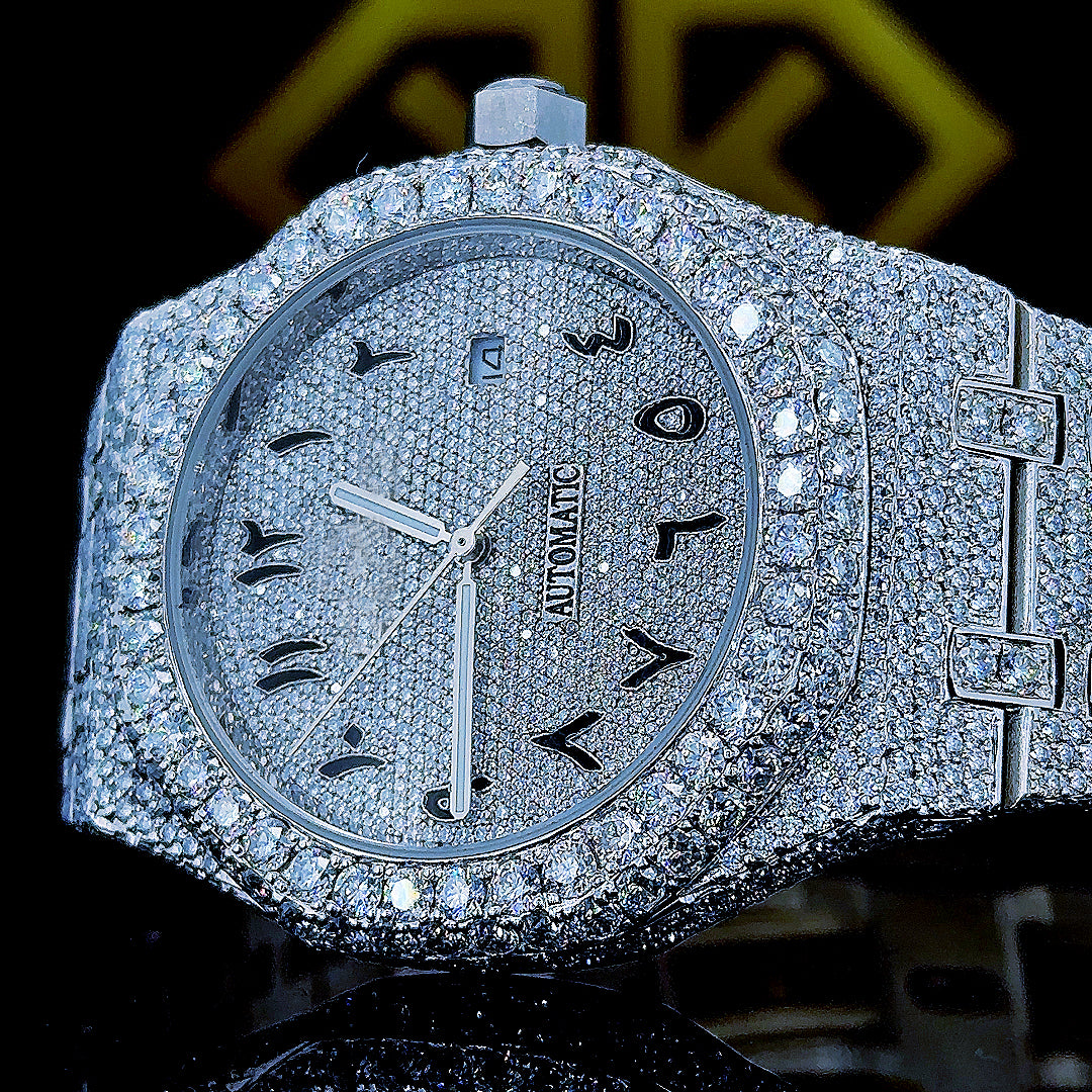 Royal Oak AP Arabic Numeral Iced Out Moissanite Diamond Watch Dial Close Up View