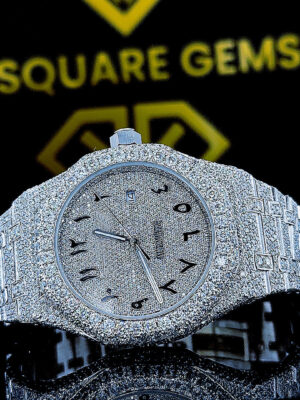AP Royal Oak Arabic Numerals Pave Diamond Dial Fully Iced Out Moissanite Watch