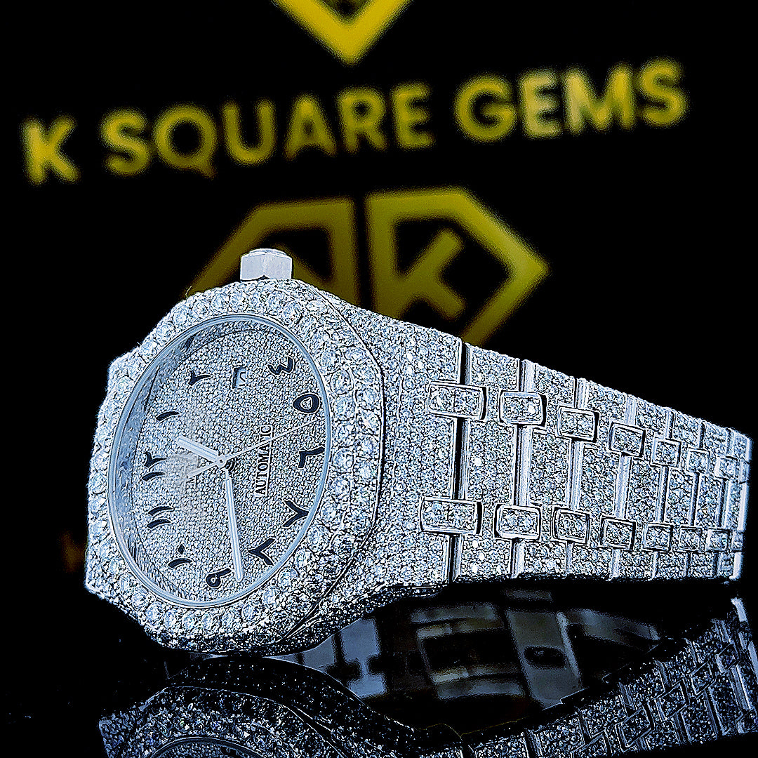 Royal Oak AP Arabic Numeral Iced Out Moissanite Diamond Watch Left Profile View