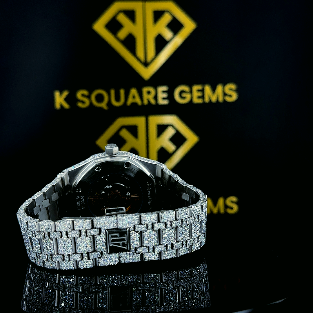 Royal Oak Full Iced Out Black Stick Dial Moissanite Diamond Watch Back Side View