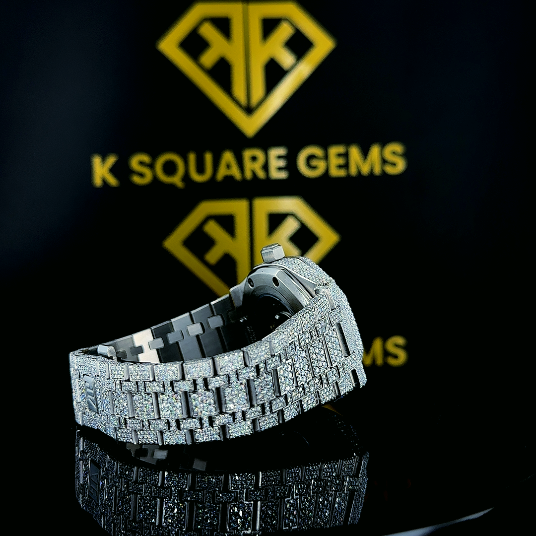 Royal Oak Full Iced Out Black Stick Dial Moissanite Diamond Watch Bracelet View