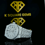 Royal Oak Full Iced Out Black Stick Dial Moissanite Diamond Watch Close Dial View