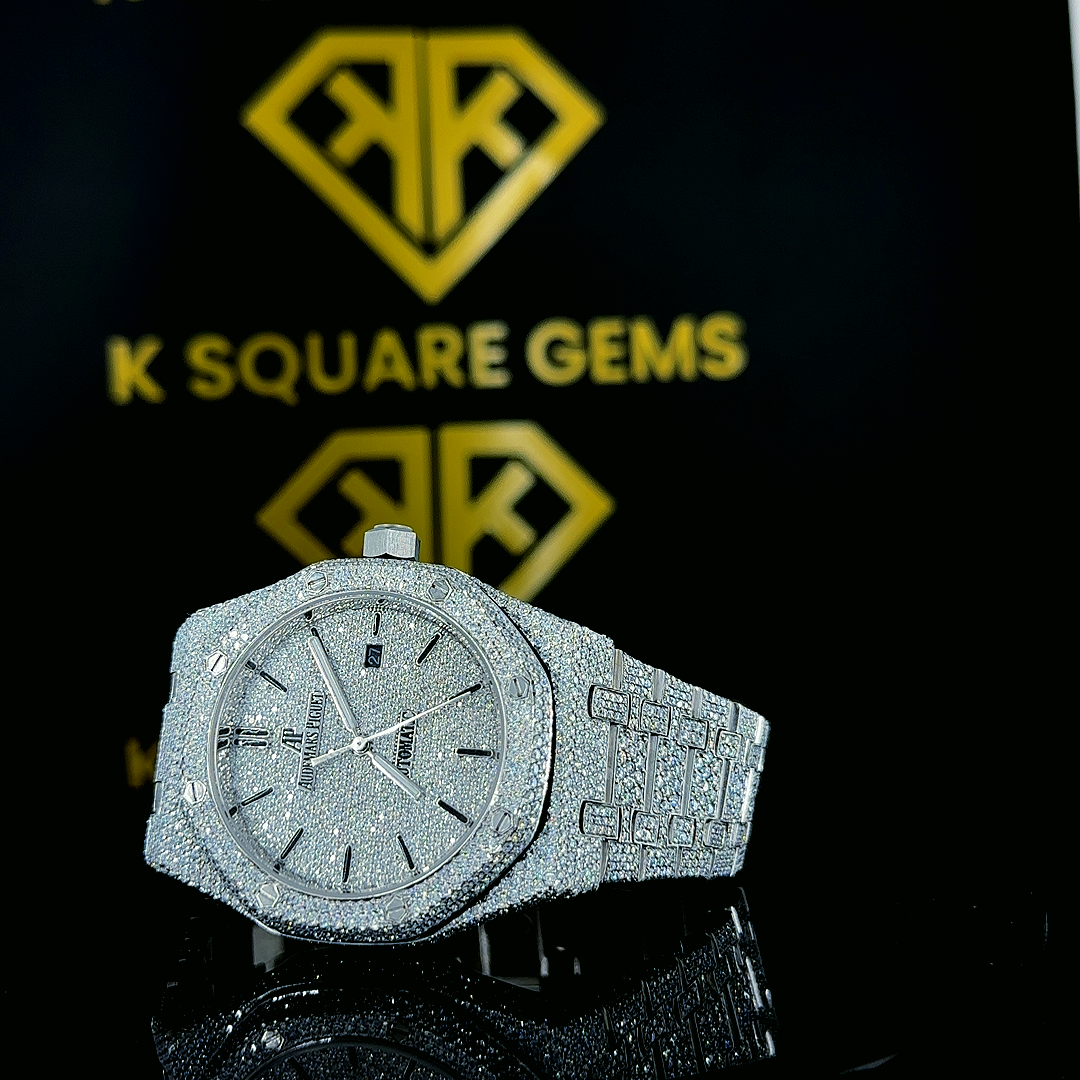 Royal Oak Full Iced Out Black Stick Dial Moissanite Diamond Watch Front Side Marks View