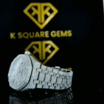 Royal Oak Full Iced Out Black Stick Dial Moissanite Diamond Watch Left Side View