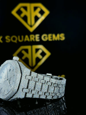 Royal Oak Full Iced Out Black Stick Dial Moissanite Diamond Watch Left Side View