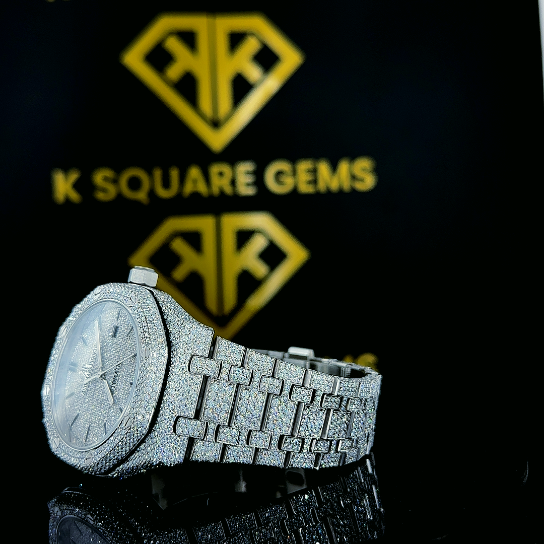 Royal Oak Full Iced Out Black Stick Dial Moissanite Diamond Watch Left Side View