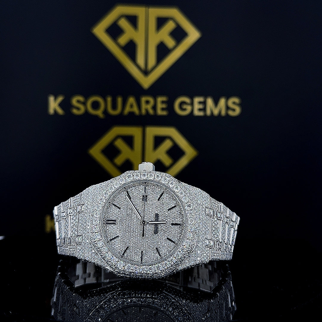 Front Close up view of Royal Oak Fully Iced Out Moissanite Diamond Watch Black Stick Indices