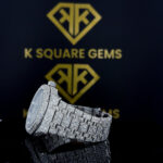 Left Side Strap View of Royal Oak Fully Iced Out Moissanite Diamond Watch Black Stick Indices
