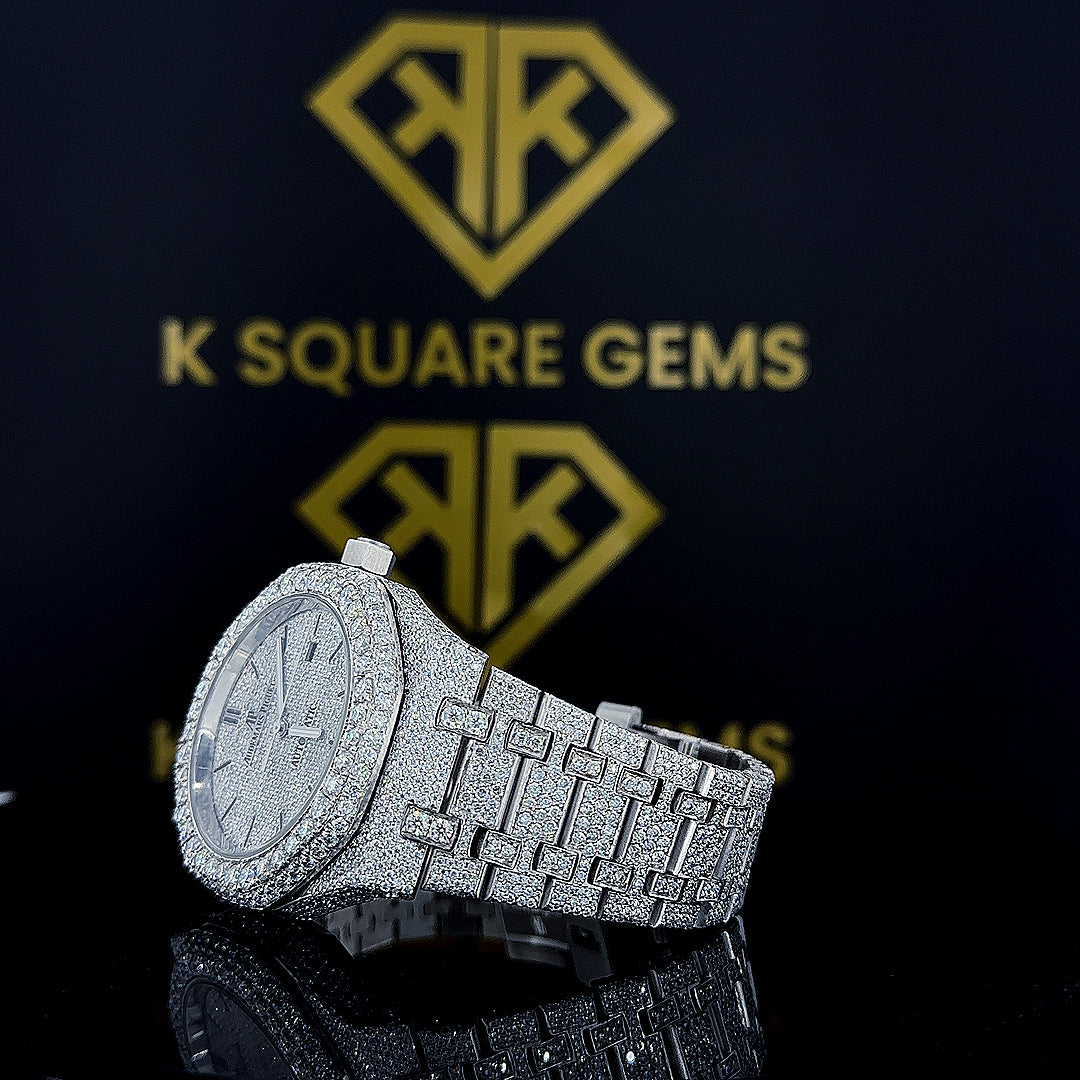 Left Side View of Royal Oak Fully Iced Out Moissanite Diamond Watch Black Stick Indices