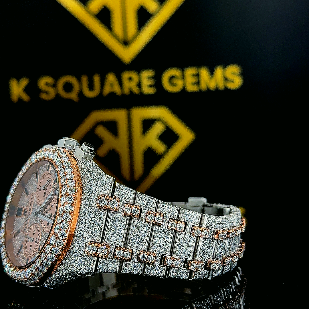 Royal Oak Offshore Two Tone Rose Gold Moissanite Diamond Watch Close Up Bracelet View