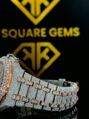 Royal Oak Offshore Two Tone Rose Gold Moissanite Diamond Watch Left Side View
