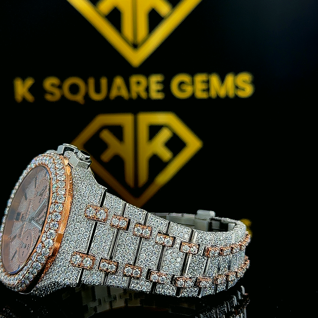 Royal Oak Offshore Two Tone Rose Gold Moissanite Diamond Watch Left Side View
