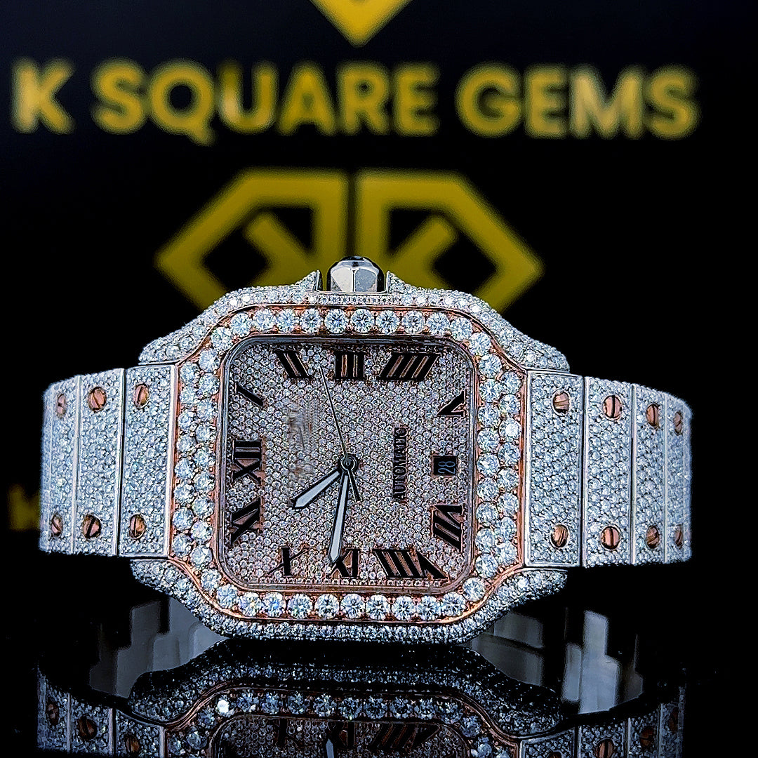 Santos Cartier Roamn Numeral Rose Gold Moissanite Diamond Watch Front View