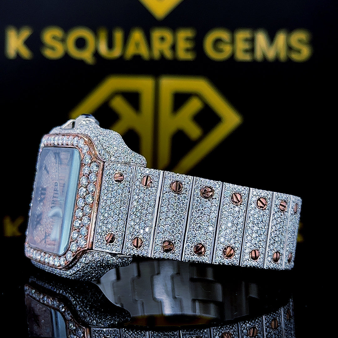 Santos Cartier Roamn Numeral Rose Gold Moissanite Diamond Watch Left Side Bracelet View