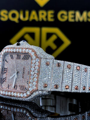 Santos Cartier Roamn Numeral Rose Gold Moissanite Diamond Watch Left Side View