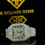 Cartier Santos Multicolor Roman Numerals Pave Diamond Dial Two Tone Yellow Gold Moissanite Watch