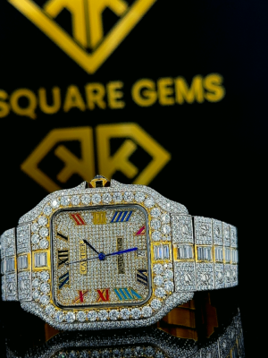 Cartier Santos Multicolor Roman Numerals Pave Diamond Dial Two Tone Yellow Gold Moissanite Watch