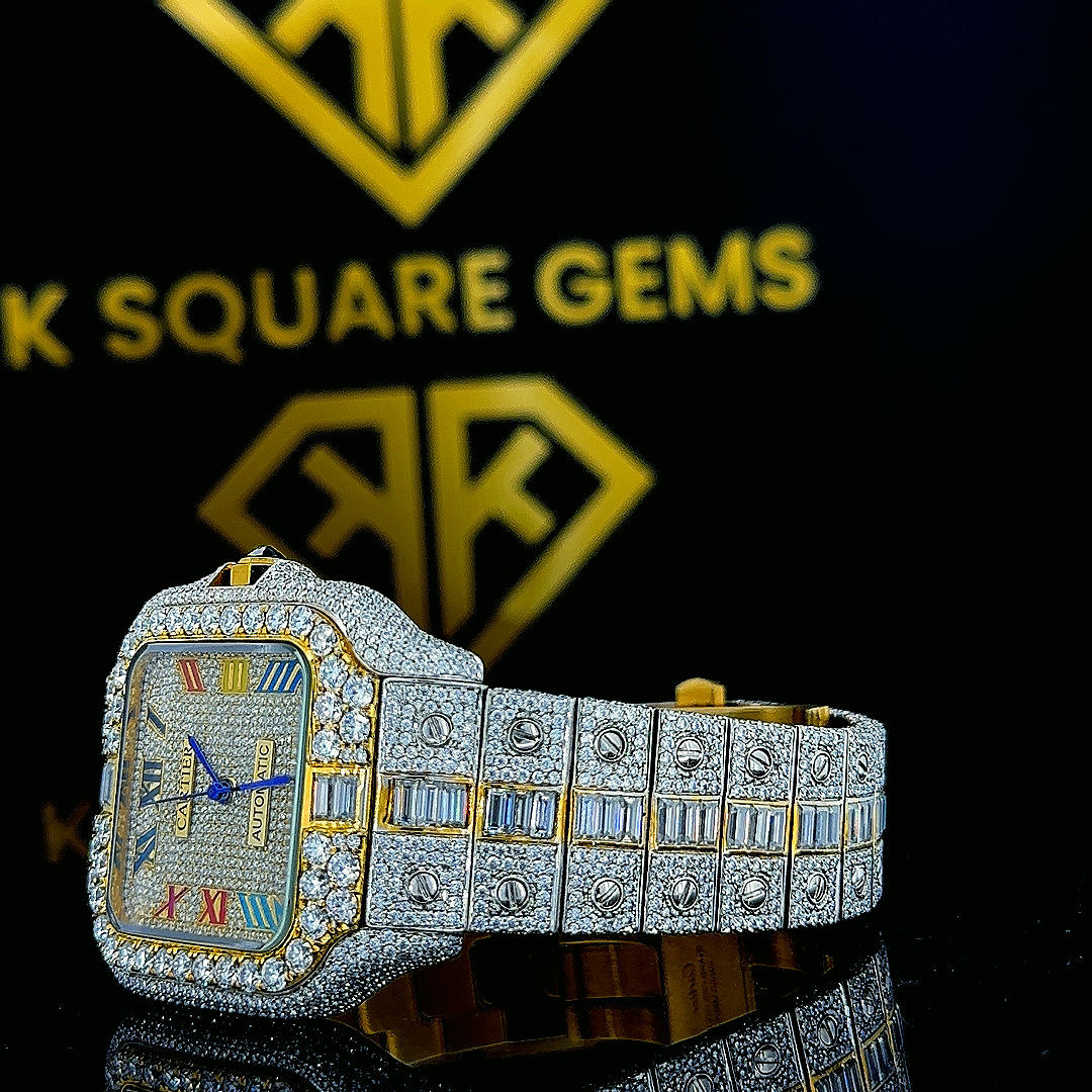 Santos De Cartier Rainbow Roman Dial Moissanite Diamond Watch Left Side Dial Close Up View